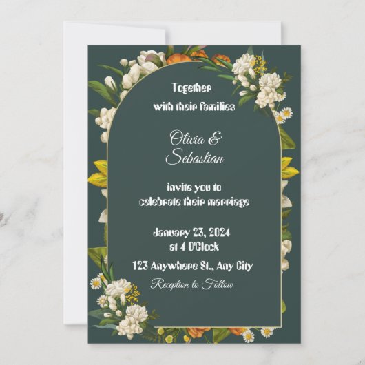 Faire-part de mariage à l'arche florale vert foncé (Devant)