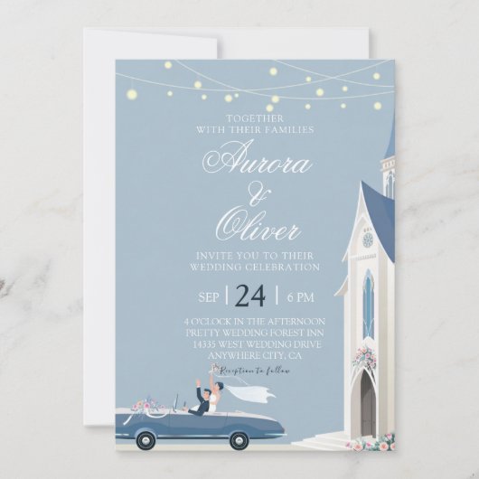 Faire-part de mariage à l'église thème bleu (Devant)