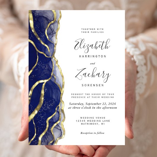 Faire-part de mariage à l'encre bleue marine et or