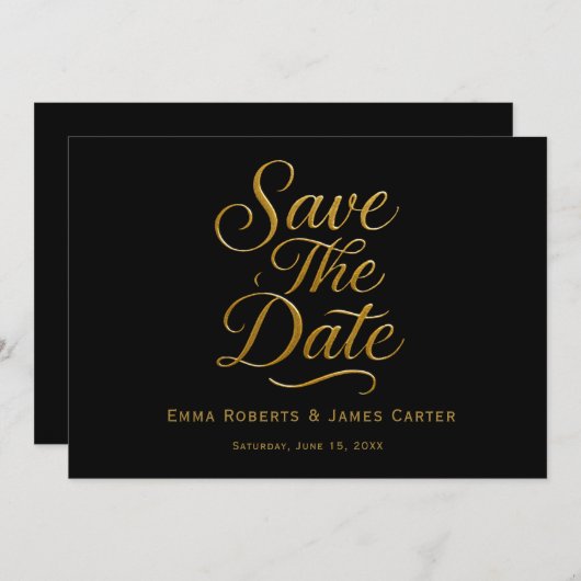 Faire-part de mariage à l'encre dorée sur fond noi (Devant / Derrière)