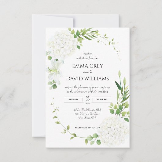 Faire-part de mariage à l'hortensia blanc rustique (Devant)