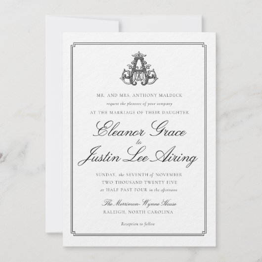 Faire-part de mariage à monogramme "A" noir (Devant)