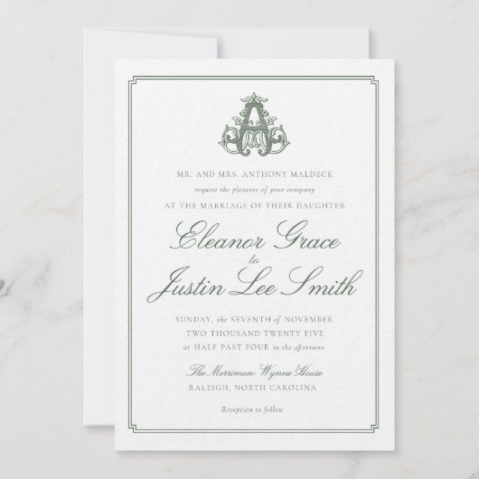 Faire-part de mariage à monogramme "A" vert foncé (Devant)