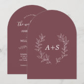 Faire-part de mariage à monogramme arqué à feuille (Devant / Derrière)