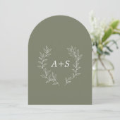 Faire-part de mariage à monogramme arqué à feuille (Debout devant)