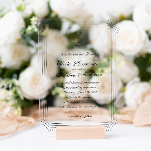 Faire-part de mariage à monogramme avec cadre géom