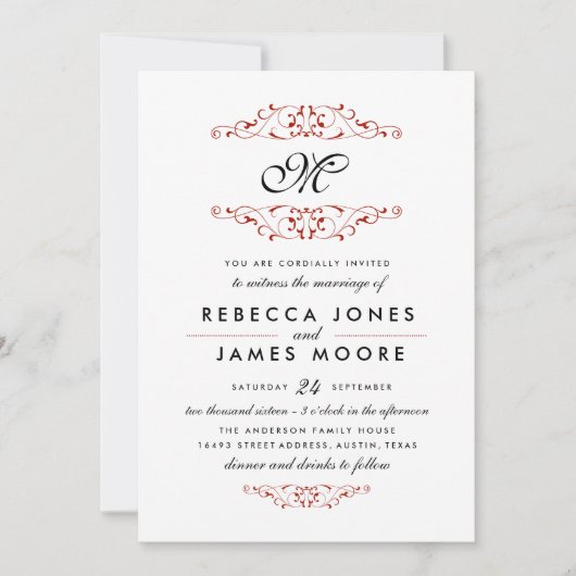 Faire-part de mariage à monogramme avec fioriture (Devant)