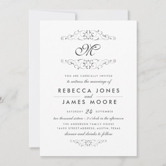 Faire-part de mariage à monogramme avec fioriture (Devant)