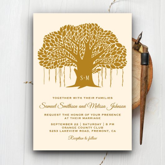 Faire-part de mariage à monogramme avec un arbre d