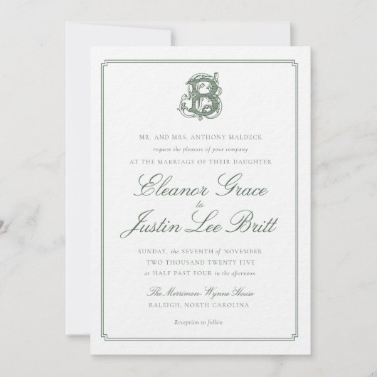 Faire-part de mariage à monogramme 'B' vert foncé (Devant)