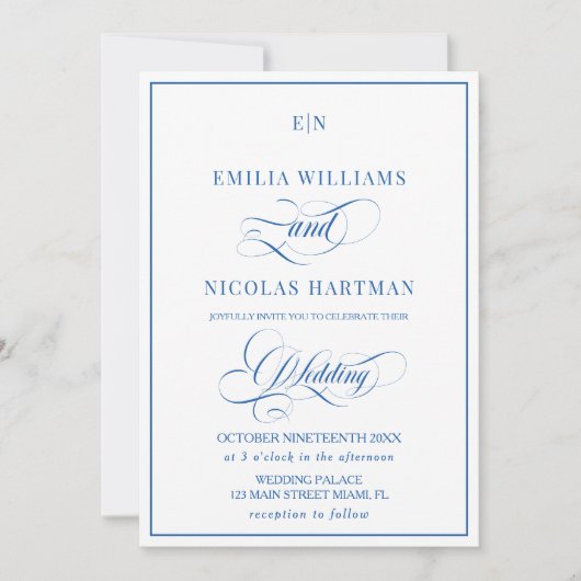 Faire-part de mariage à monogramme bleu et blanc (Devant)