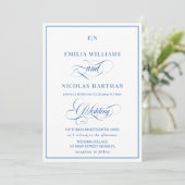 Faire-part de mariage à monogramme bleu et blanc (Debout devant)