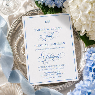 Faire-part de mariage à monogramme bleu et blanc