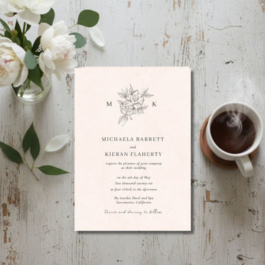Faire-part de mariage à monogramme botanique rose