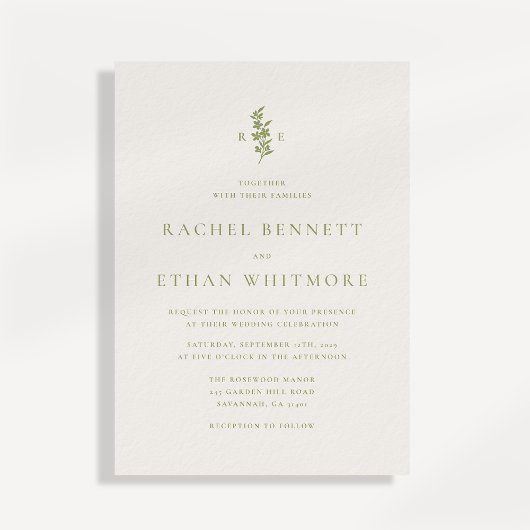 Faire-part de mariage à monogramme botanique vert 