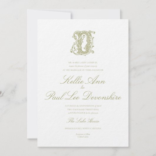 Faire-part de mariage à monogramme "D" vert olive (Devant)