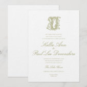 Faire-part de mariage à monogramme "D" vert olive (Devant / Derrière)