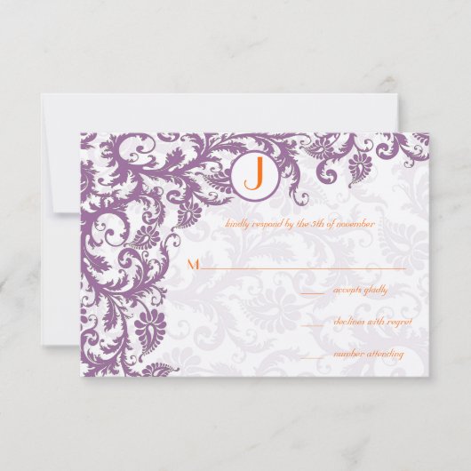 Faire-part de mariage à monogramme damassé Orange (Devant)
