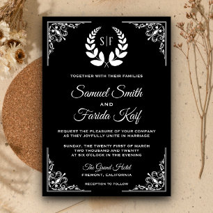 Faire-part de mariage à monogramme de laurier noir