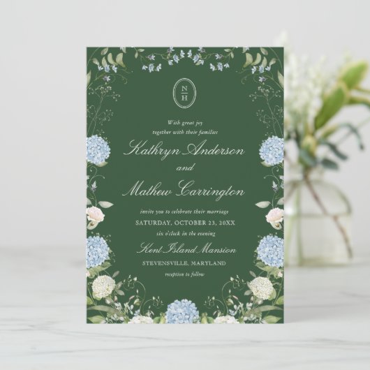 Faire-part de mariage à monogramme d'hortensia ver (Debout devant)