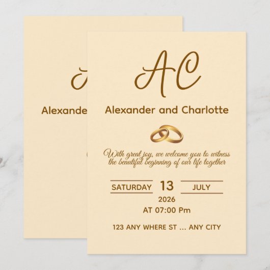 Faire-part de mariage à monogramme doré (Devant / Derrière)