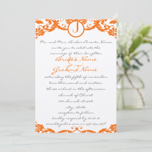 Faire-part de mariage à monogramme en damas orange (Debout devant)