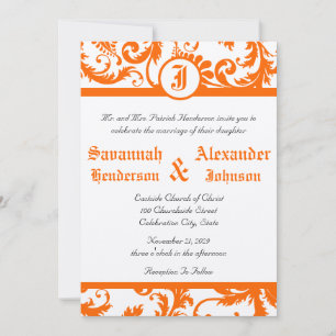 Faire-part de mariage à monogramme en damas orange