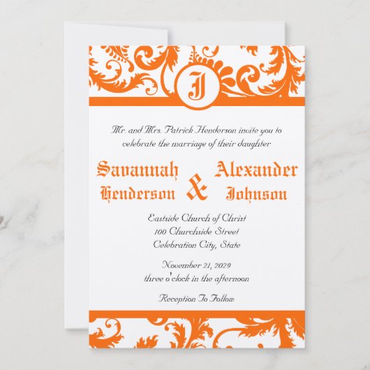 Faire-part de mariage à monogramme en damas orange (Devant)