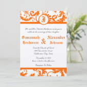 Faire-part de mariage à monogramme en damas orange (Debout devant)