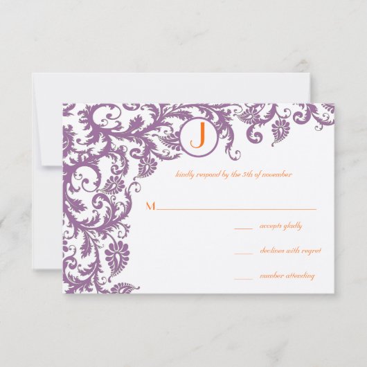 Faire-part de mariage à monogramme en damas prune (Devant)