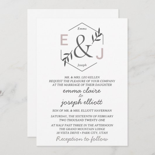 Faire-part de mariage à monogramme esperluette (Devant / Derrière)