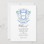 Faire-part de mariage à monogramme floral bleu (Devant)