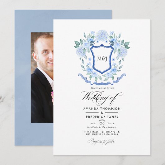 Faire-part de mariage à monogramme floral bleu (Devant / Derrière)