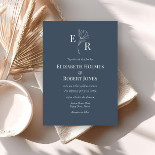 Faire-part de mariage à monogramme floral bleu ard