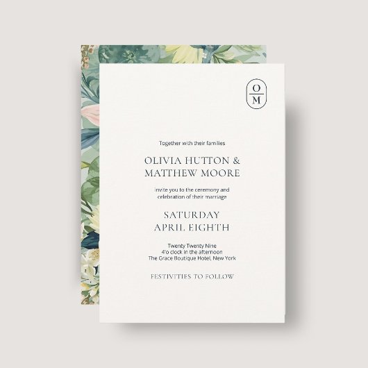 Faire-part de mariage à monogramme floral chic