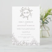 Faire-part de mariage à monogramme floral gris min (Debout devant)