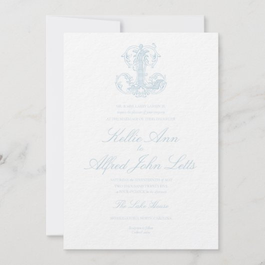 Faire-part de mariage à monogramme "L" bleu clair (Devant)