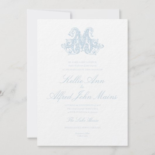 Faire-part de mariage à monogramme "M" bleu clair (Devant)