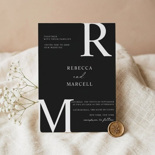 Faire-part de mariage à monogramme noir et blanc m