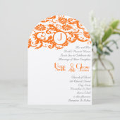 Faire-part de mariage à monogramme orange damask (Debout devant)