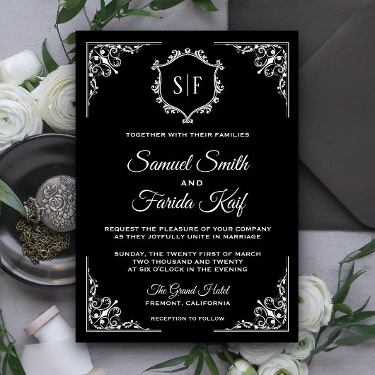 Faire-part de mariage à monogramme orné noir et bl