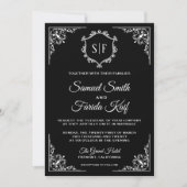 Faire-part de mariage à monogramme orné noir et bl (Devant)
