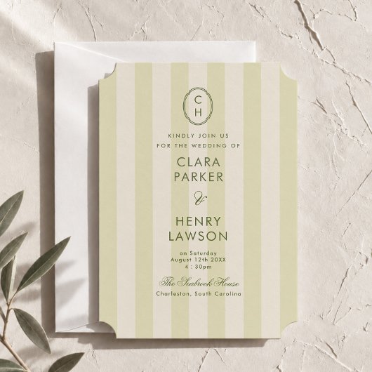 Faire-part de mariage à monogramme rayé vert olive