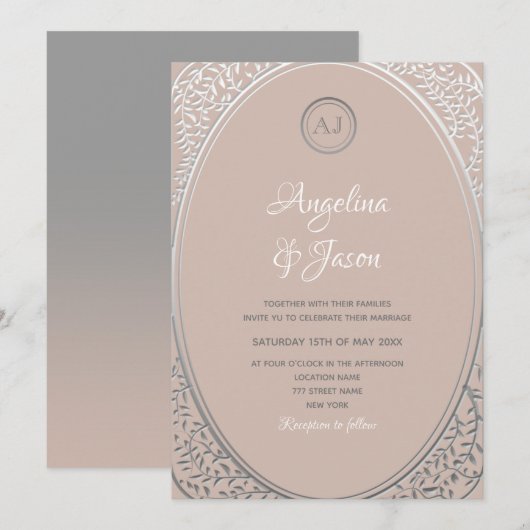 Faire-part de mariage à monogramme rose et argent (Devant / Derrière)