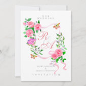 Faire-part de mariage à monogramme ruban rose rose (Devant)