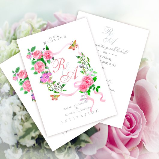 Faire-part de mariage à monogramme ruban rose rose