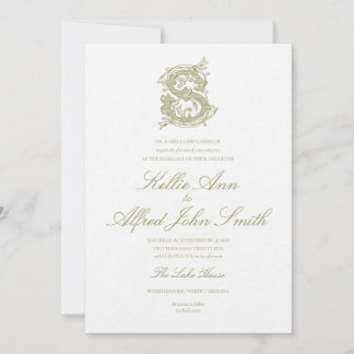 Faire-part de mariage à monogramme "S" vert olive