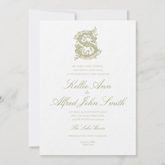 Faire-part de mariage à monogramme "S" vert olive (Devant)