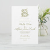 Faire-part de mariage à monogramme "S" vert olive (Debout devant)