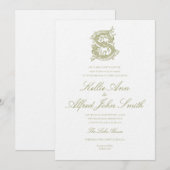 Faire-part de mariage à monogramme "S" vert olive (Devant / Derrière)